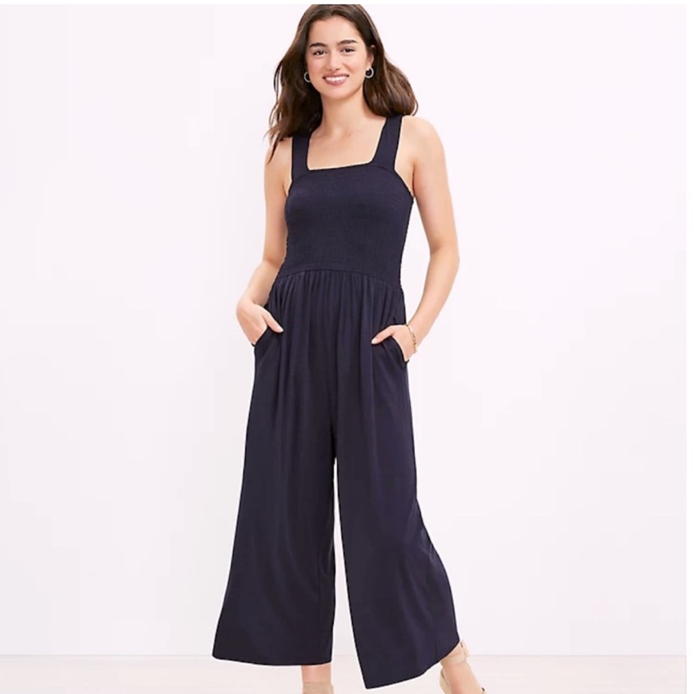Loft Smocked Strappy Navy Blue Jumpsuit